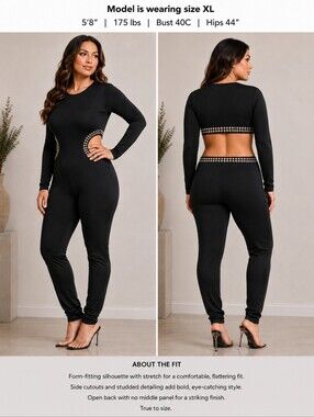 Black Fashion Nova Studded Cutout Long Sleeve Jumpsuit XL